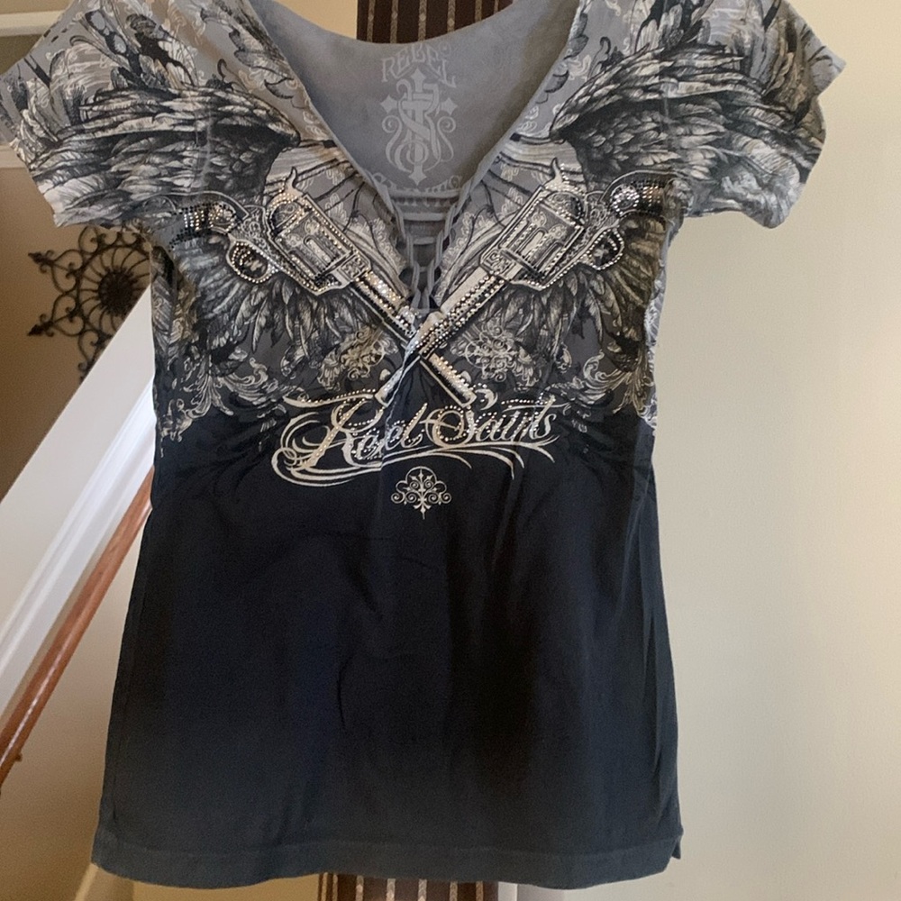 Ladies, rebel saints, affliction, medium gray T-shirt